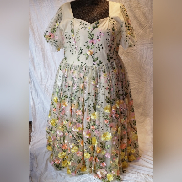 JessaKae Blushing Flora Midi Gown with Puff Sleeves for Cocktail Events, NWT, 2X - Picture 6 of 8